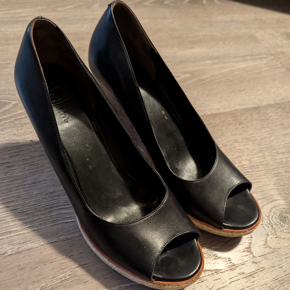 Cole Hann - Black Leather open Toe Wedges - Size 11
